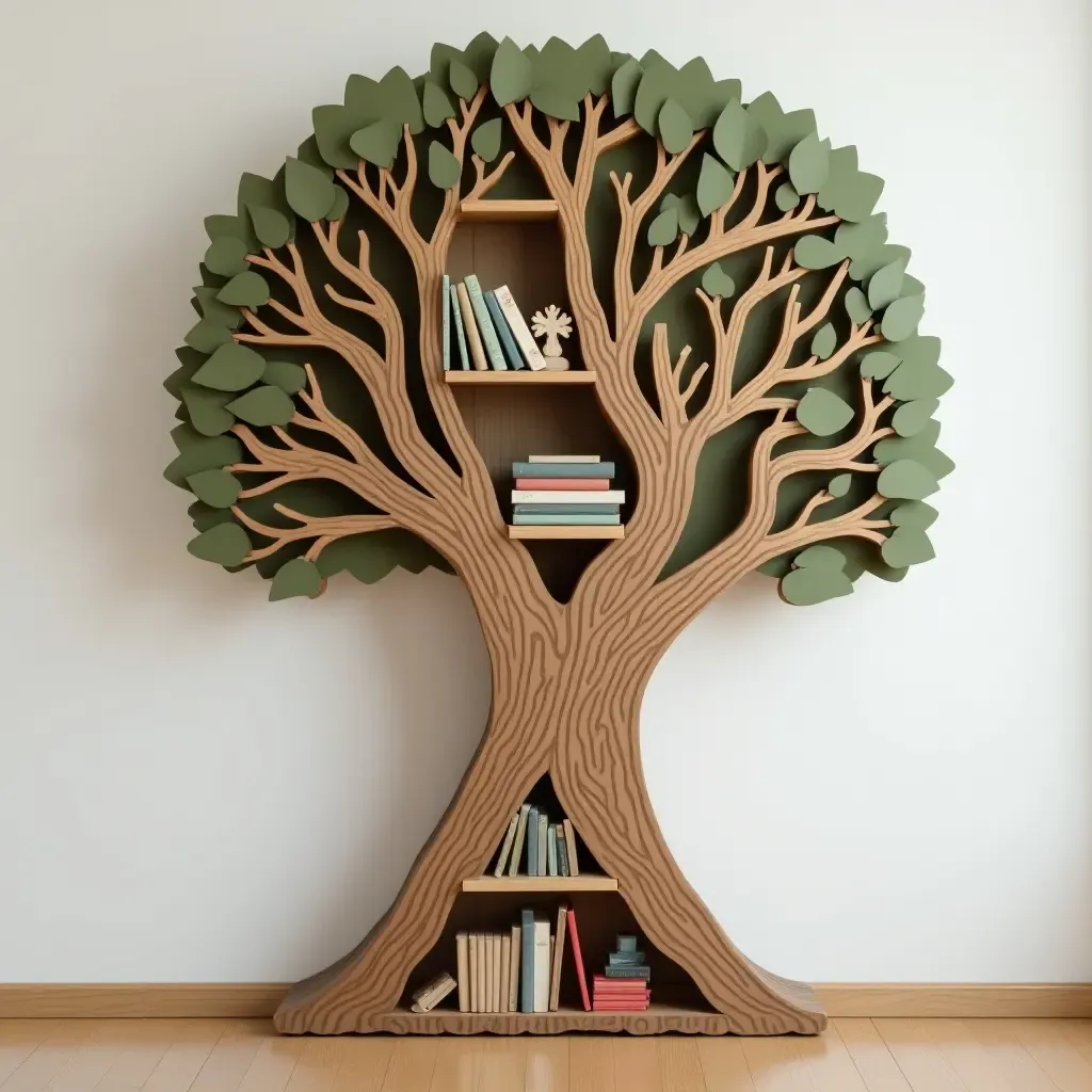 a photo of a whimsical tree bookshelf in a corner