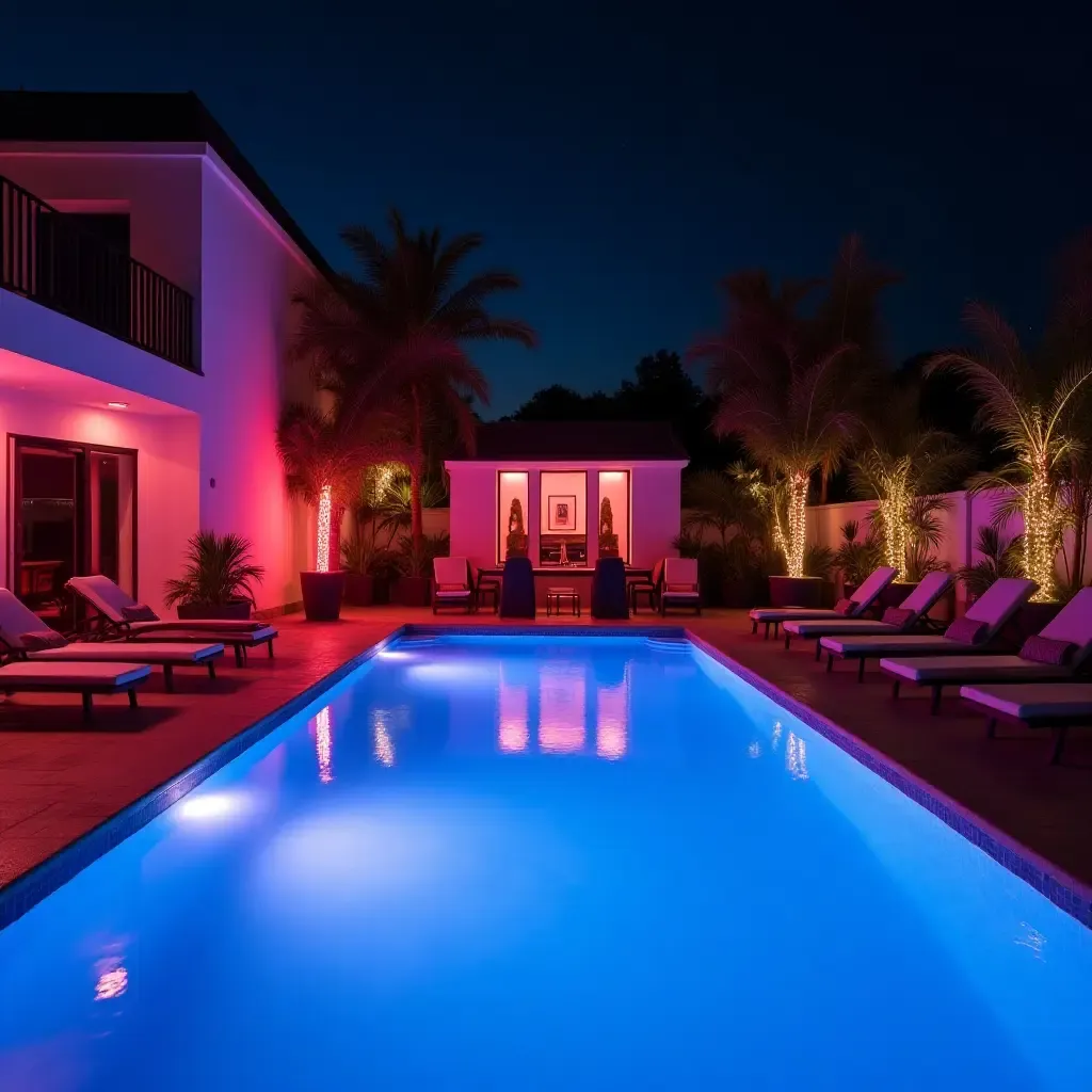 a photo of a chic urban pool with bright neon lights and stylish loungers