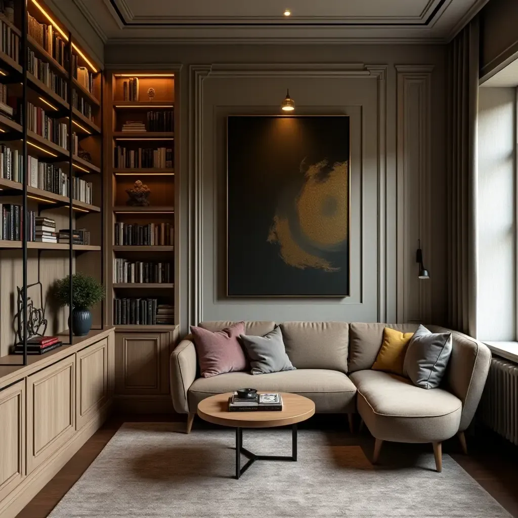 a photo of a library corner with metallic framed art and decor