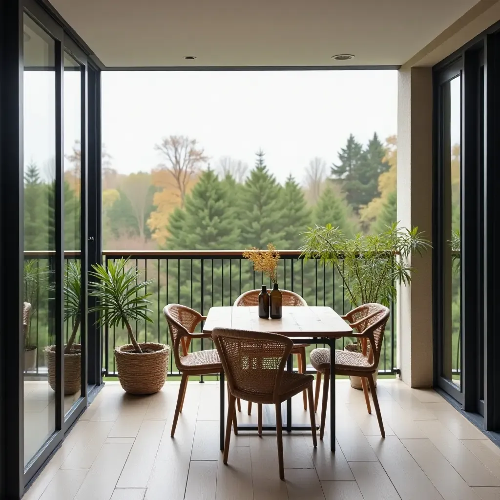 a photo of a balcony featuring a chic outdoor dining table and chairs