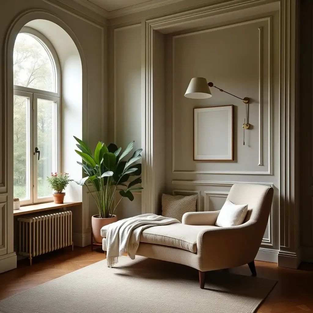 a photo of a serene reading nook with a comfortable chaise lounge