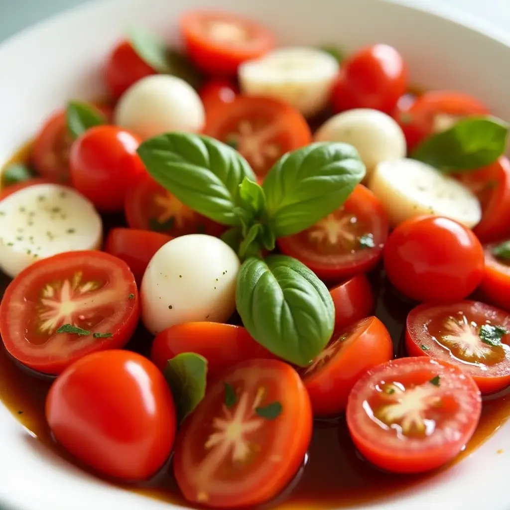 a photo of vibrant Italian caprese salad with fresh tomatoes, mozzarella, and basil.