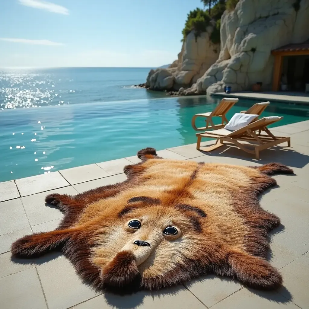 a photo of a playful animal print rug beside the water