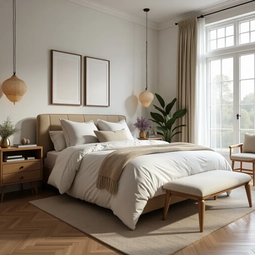 a photo of a cozy bedroom with metallic accent rugs