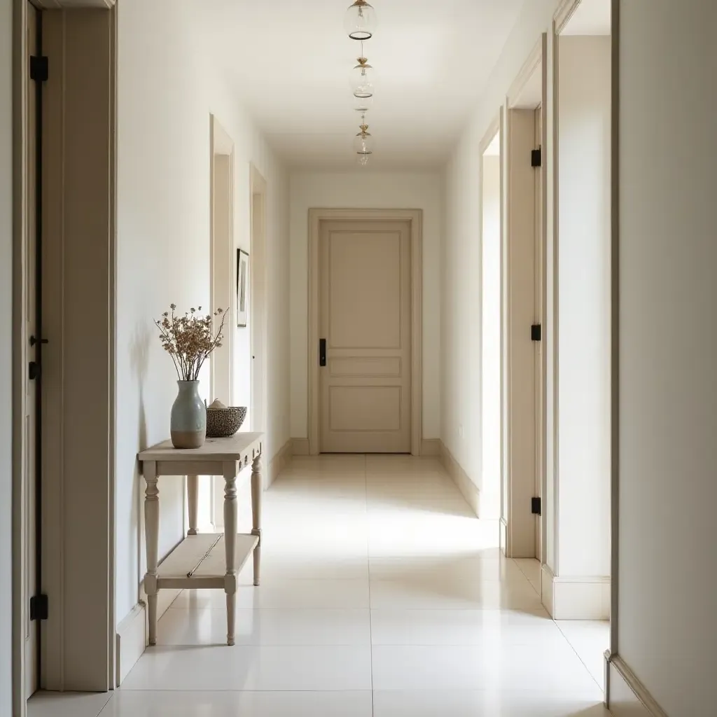 a photo of a serene corridor with soft lighting and farmhouse accents