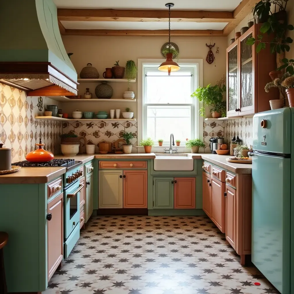 a photo of a chic boho kitchen with patterned tiles and vintage appliances