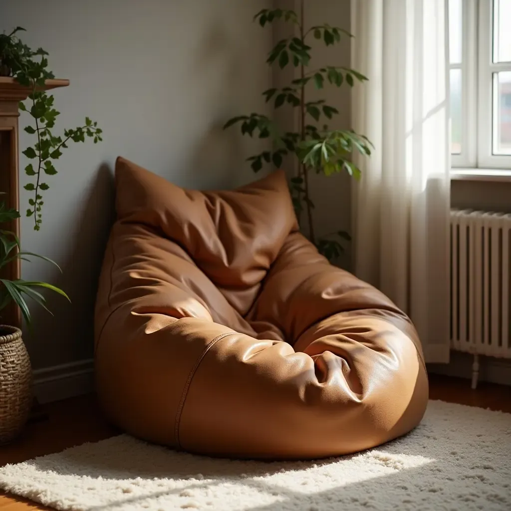 a photo of a cozy corner with a leather bean bag chair