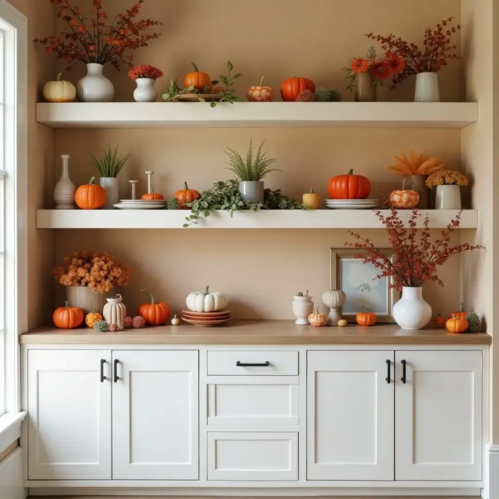 a photo of open shelving styled with seasonal decor and vibrant colors