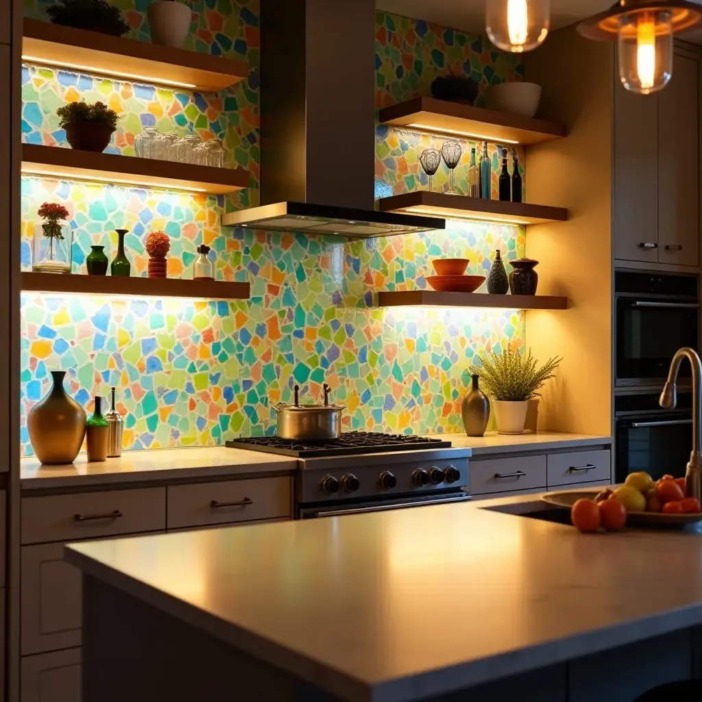 a photo of a colorful glass tile backsplash reflecting light in a vibrant kitchen