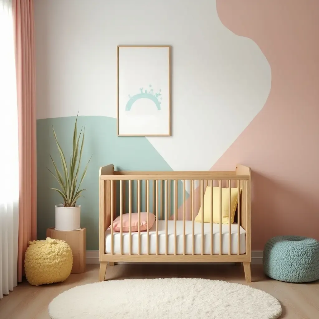 a photo of a nursery with wooden elements and colorful accents