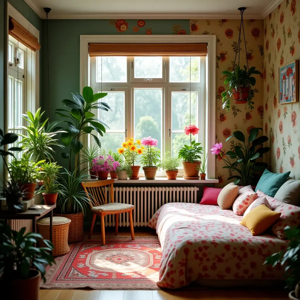 a photo of a vibrant bedroom filled with colorful flowering plants