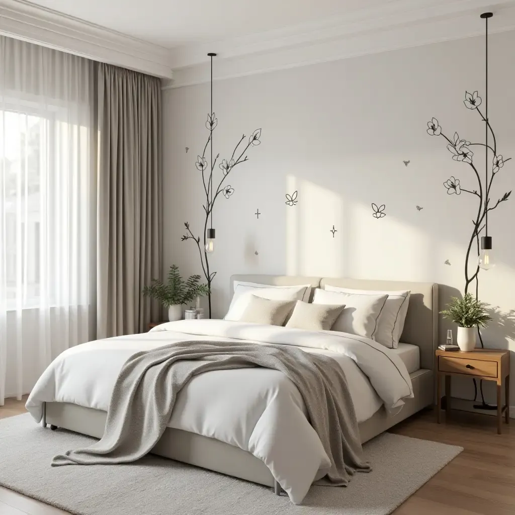 a photo of a chic bedroom with elegant wall decals