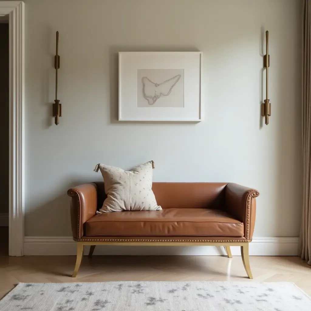 a photo of a chic leather bench with gold accents in a corridor