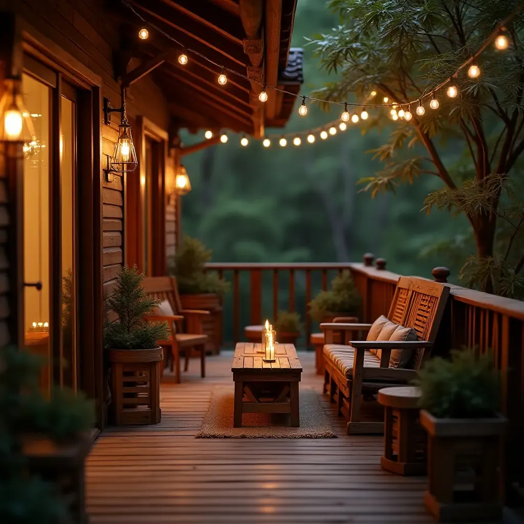 a photo of a rustic balcony with wooden furniture and lanterns