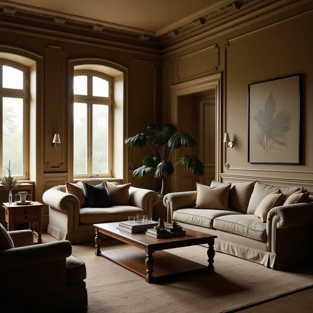 a photo of a living room with elegant colonial furniture and soft ambient lighting