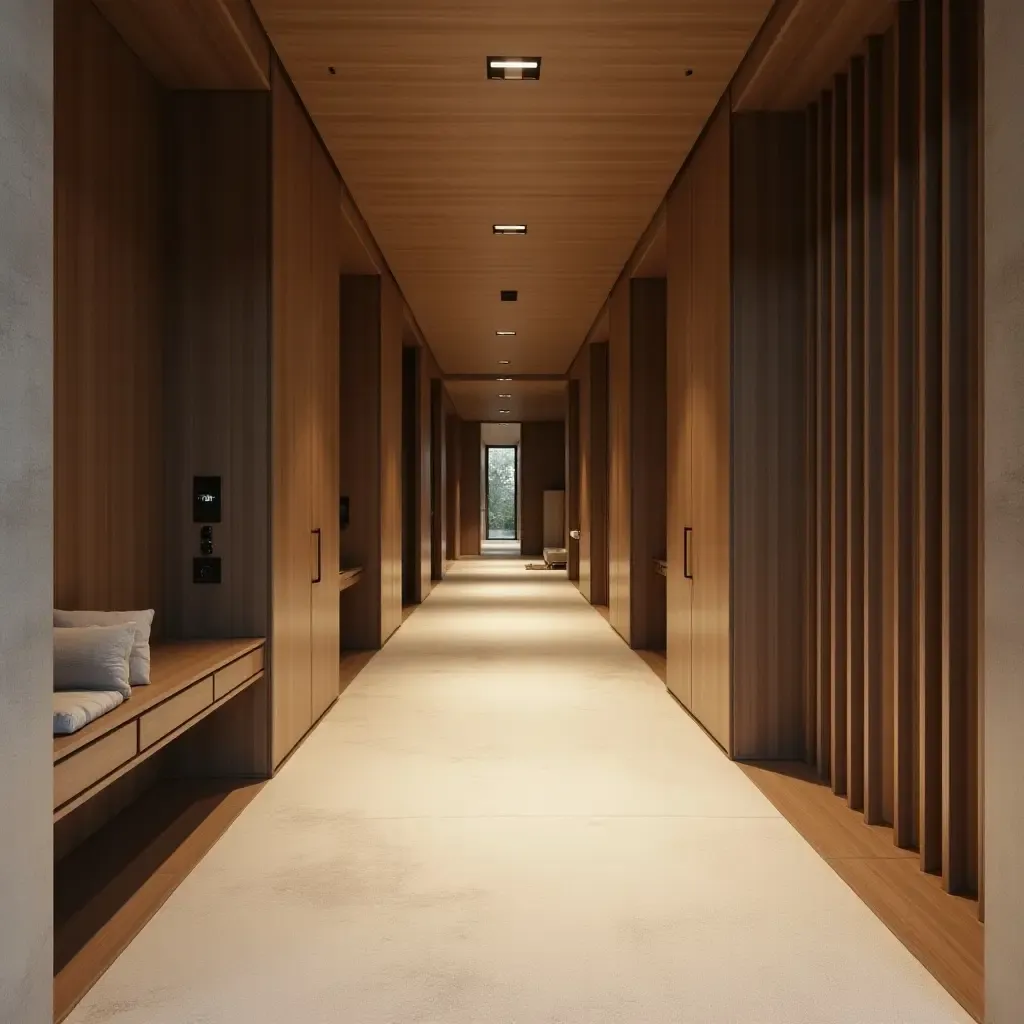 a photo of a sleek corridor featuring a blend of modern and natural elements