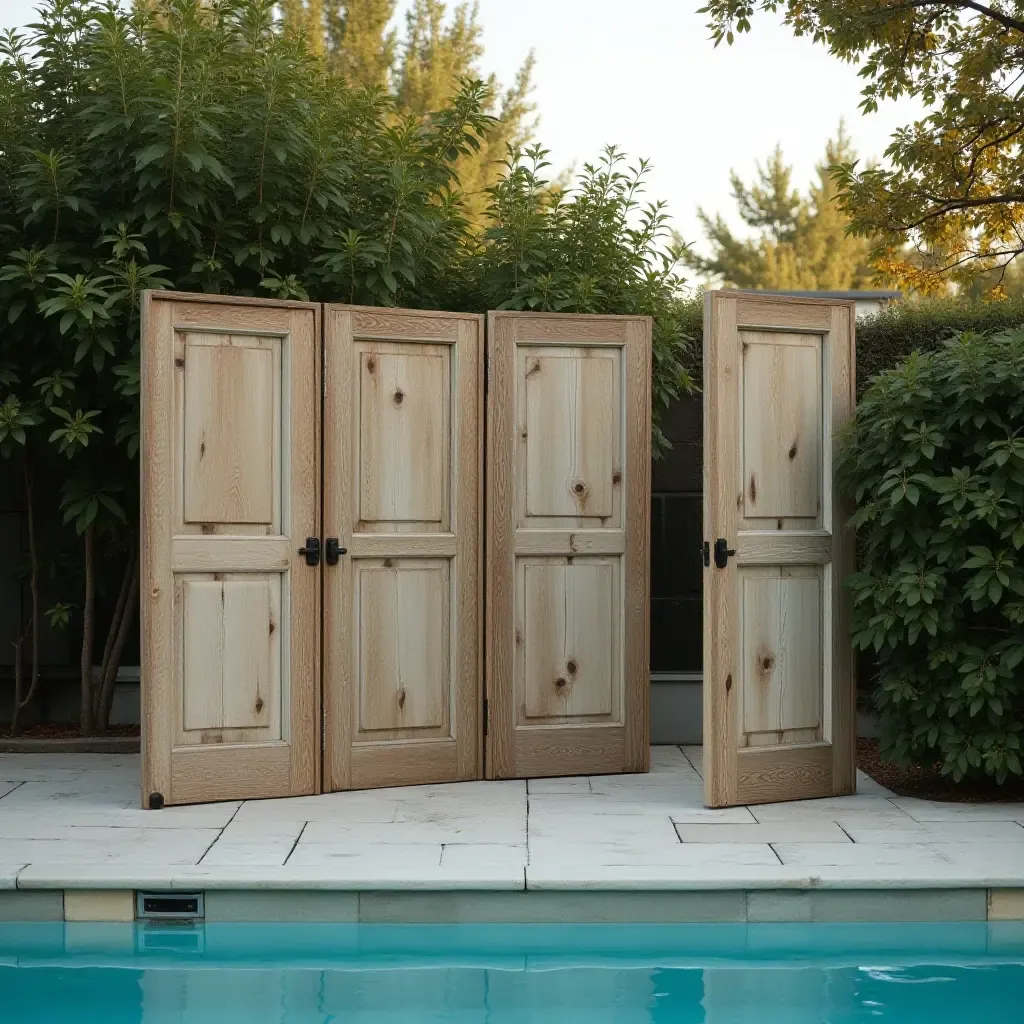 a photo of a vintage folding screen providing privacy by the pool