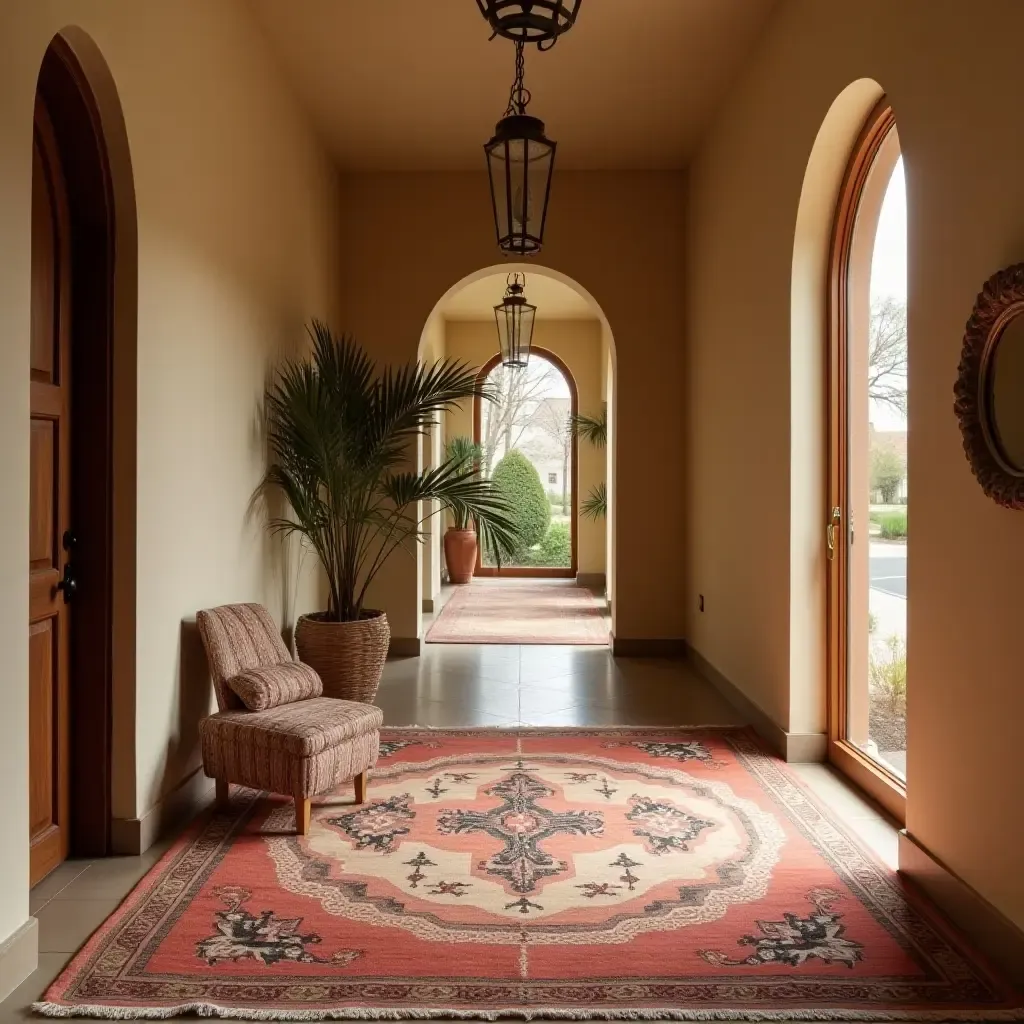 a photo of a warm-toned rug with ethnic motifs in a corridor