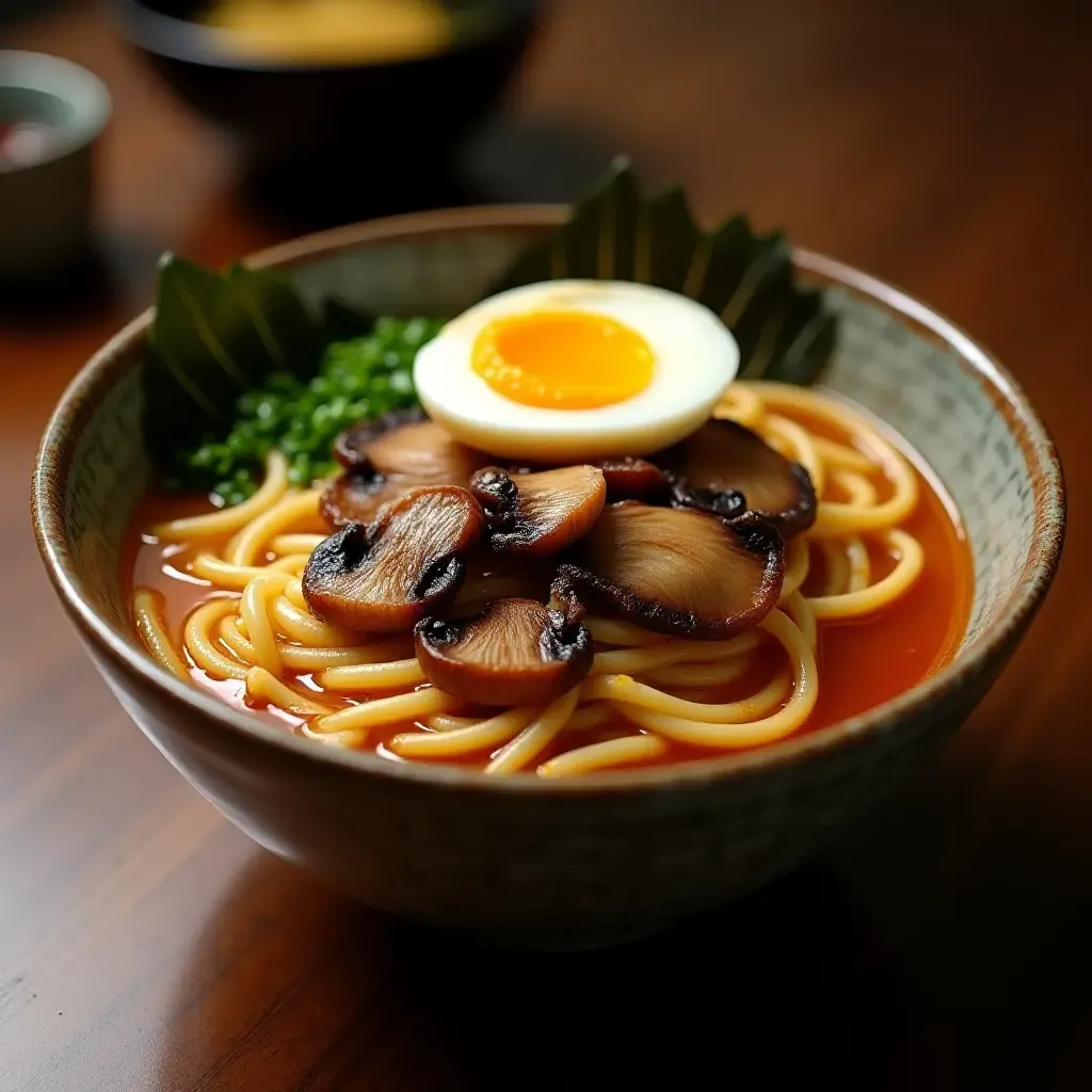 a photo of a bowl of ramen topped with umami-rich mushrooms and a soft-boiled egg.