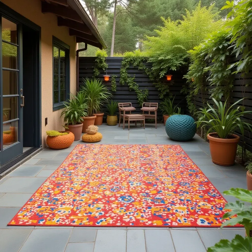 a photo of a vibrant outdoor rug enhancing a 12x12 patio space