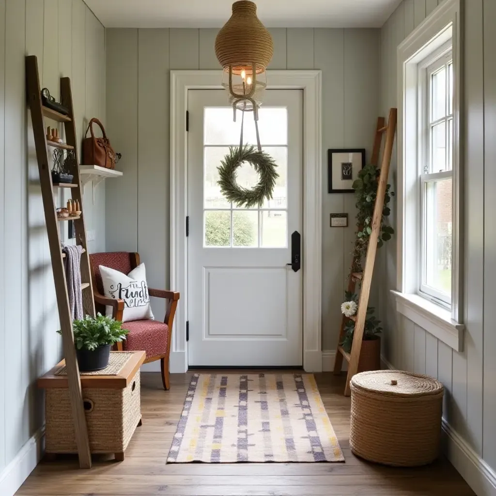 a photo of a cozy entrance with a vintage ladder and seasonal decor