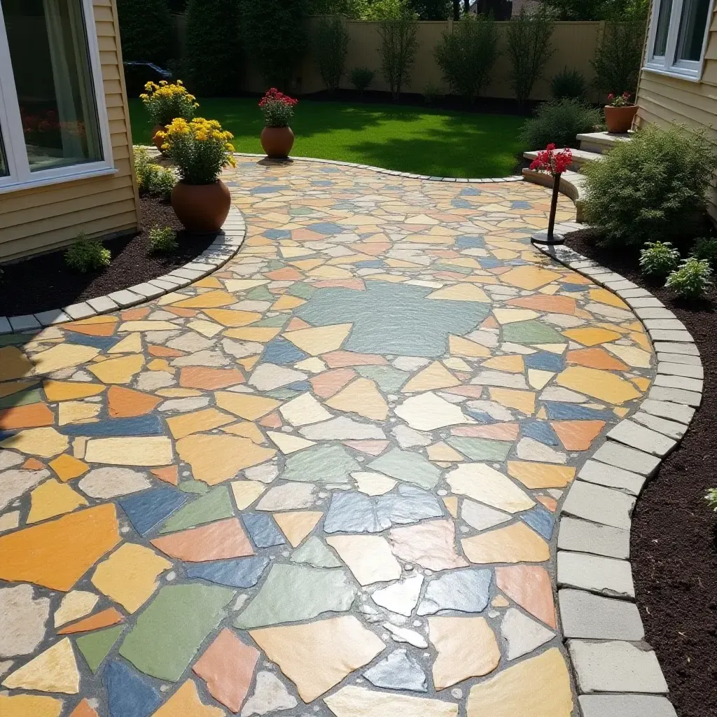 a photo of an artistic concrete patio with colorful tile inlays and outdoor art