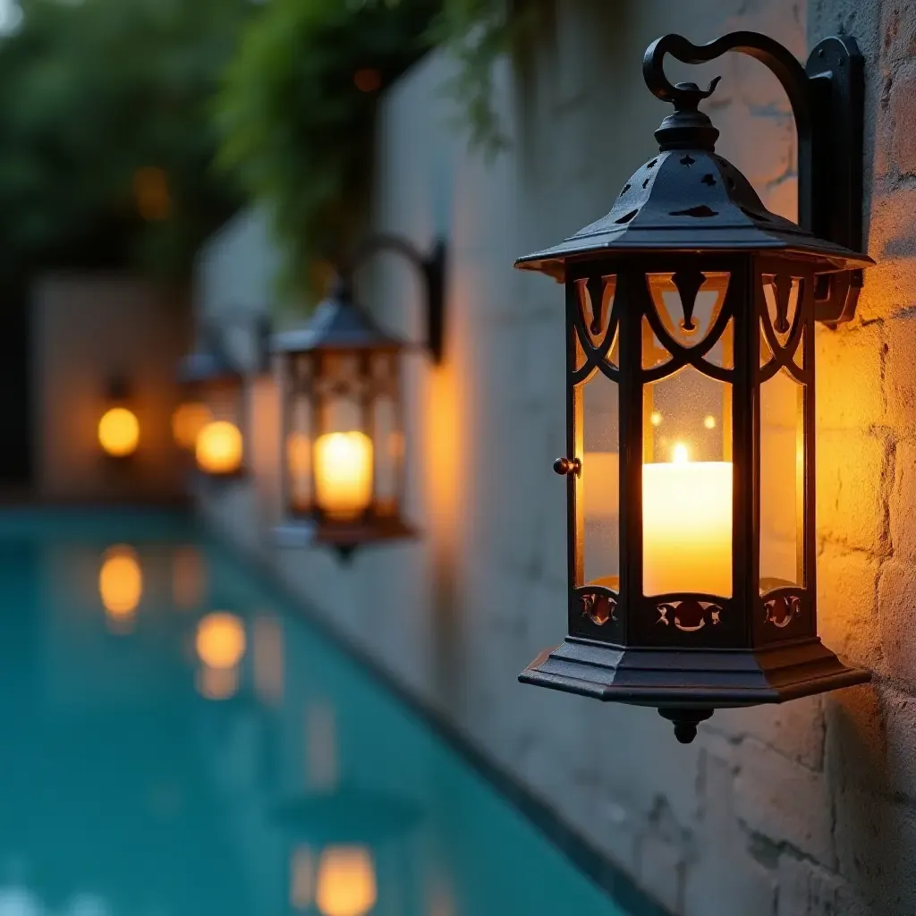 a photo of elegant lanterns hanging on a poolside wall