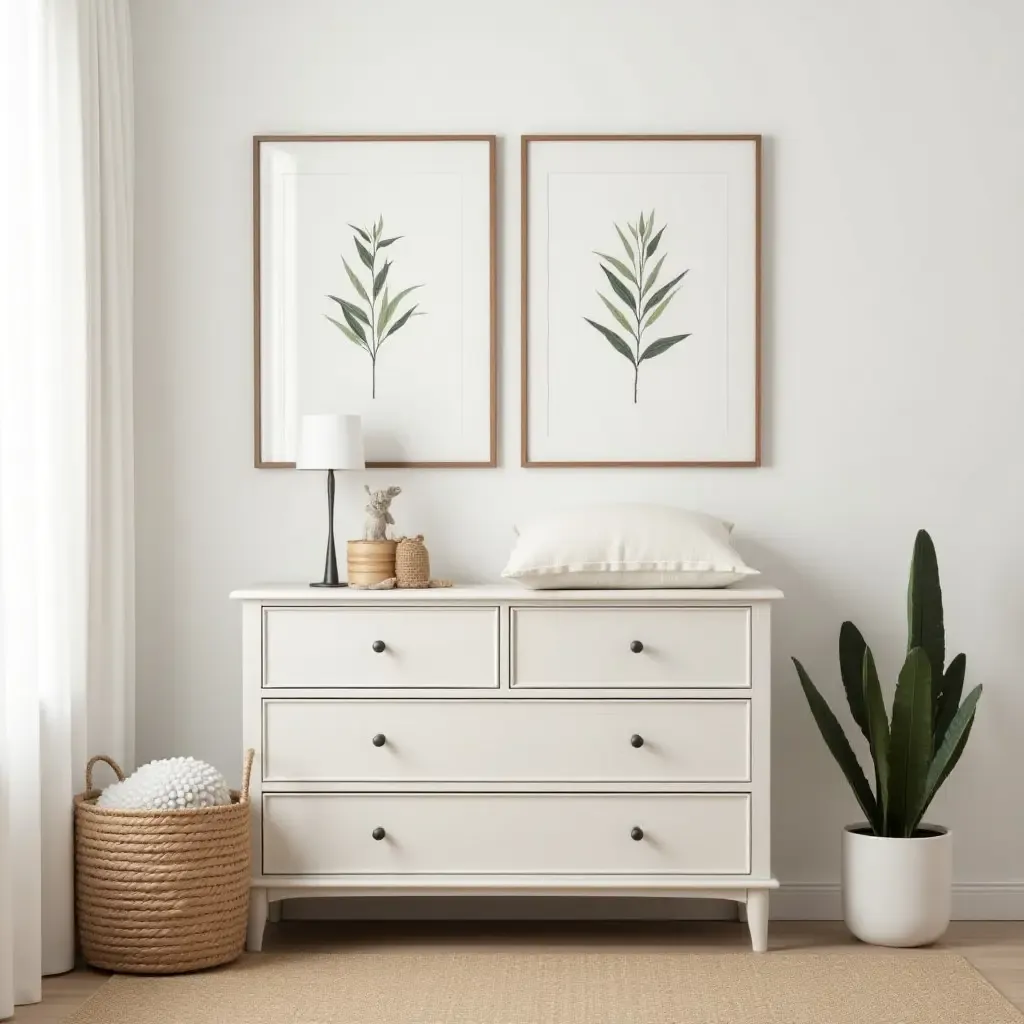 a photo of a nursery with a vintage dresser and framed botanical prints