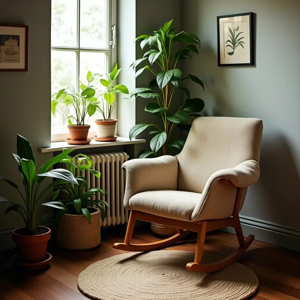 a photo of a cozy corner with a vintage rocking chair and plants