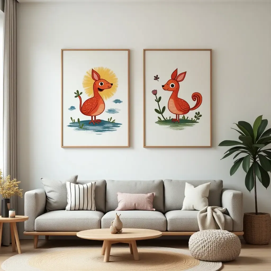 a photo of a living room with a whimsical, child-like art display