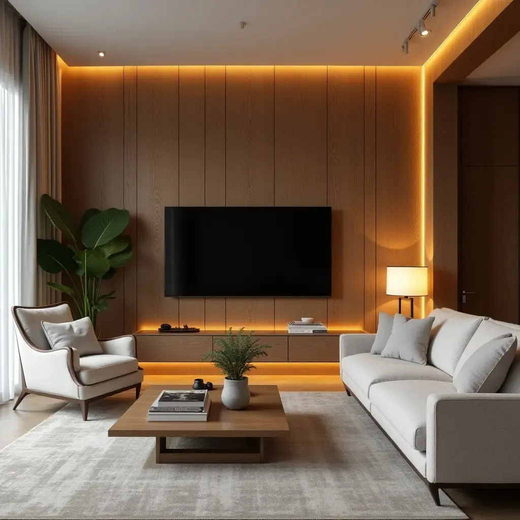 a photo of a modern living room featuring wooden accent walls and soft lighting