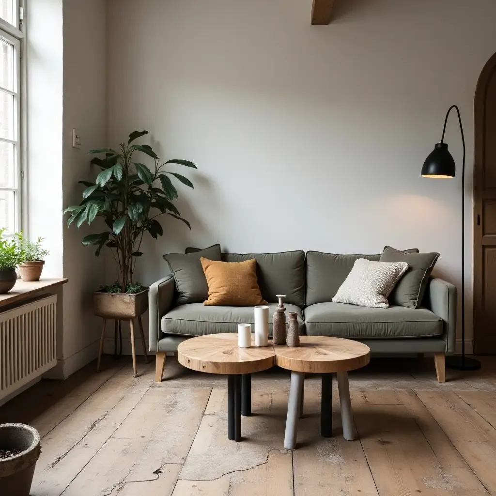 a photo of a chic living room with vintage factory stools and wooden tables