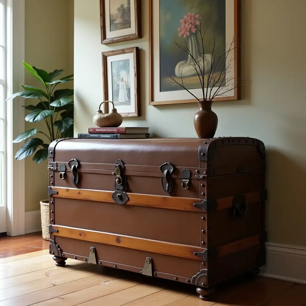 a photo of a vintage trunk as a decorative entryway piece