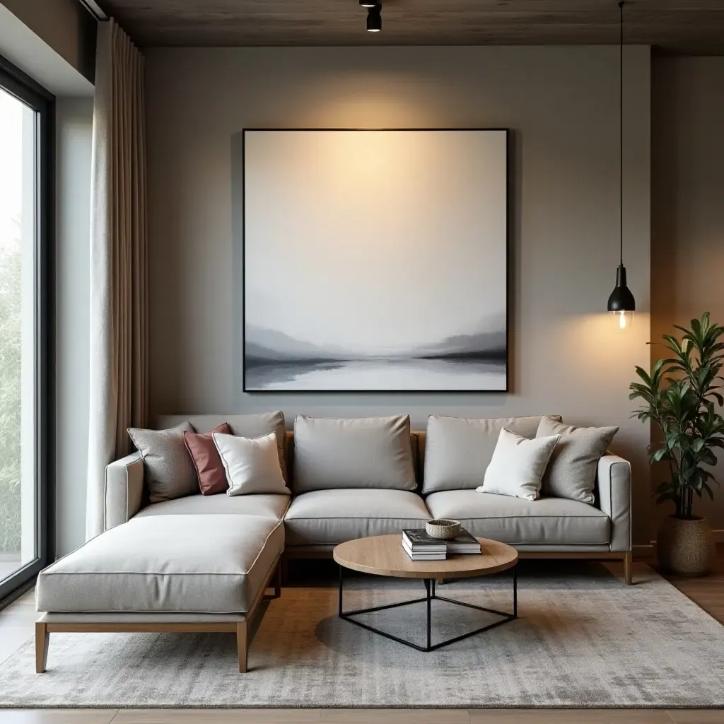 a photo of a living room with a large canvas painting and industrial lighting