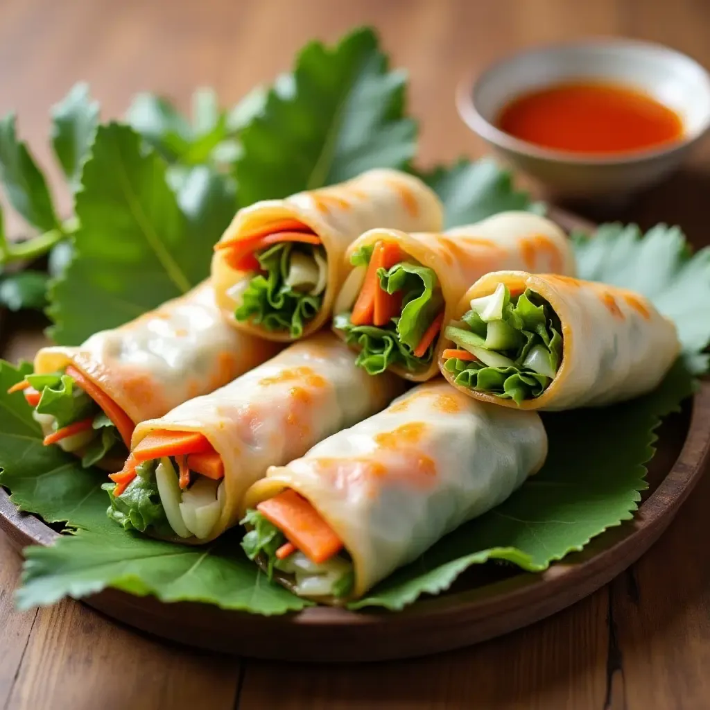 a photo of vibrant Vietnamese vegetarian spring rolls with fresh herbs and dipping sauce