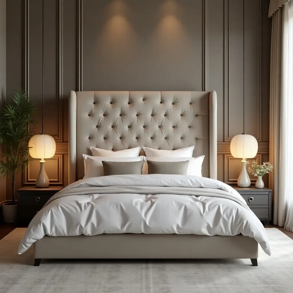 a photo of a luxurious bed with a tufted headboard