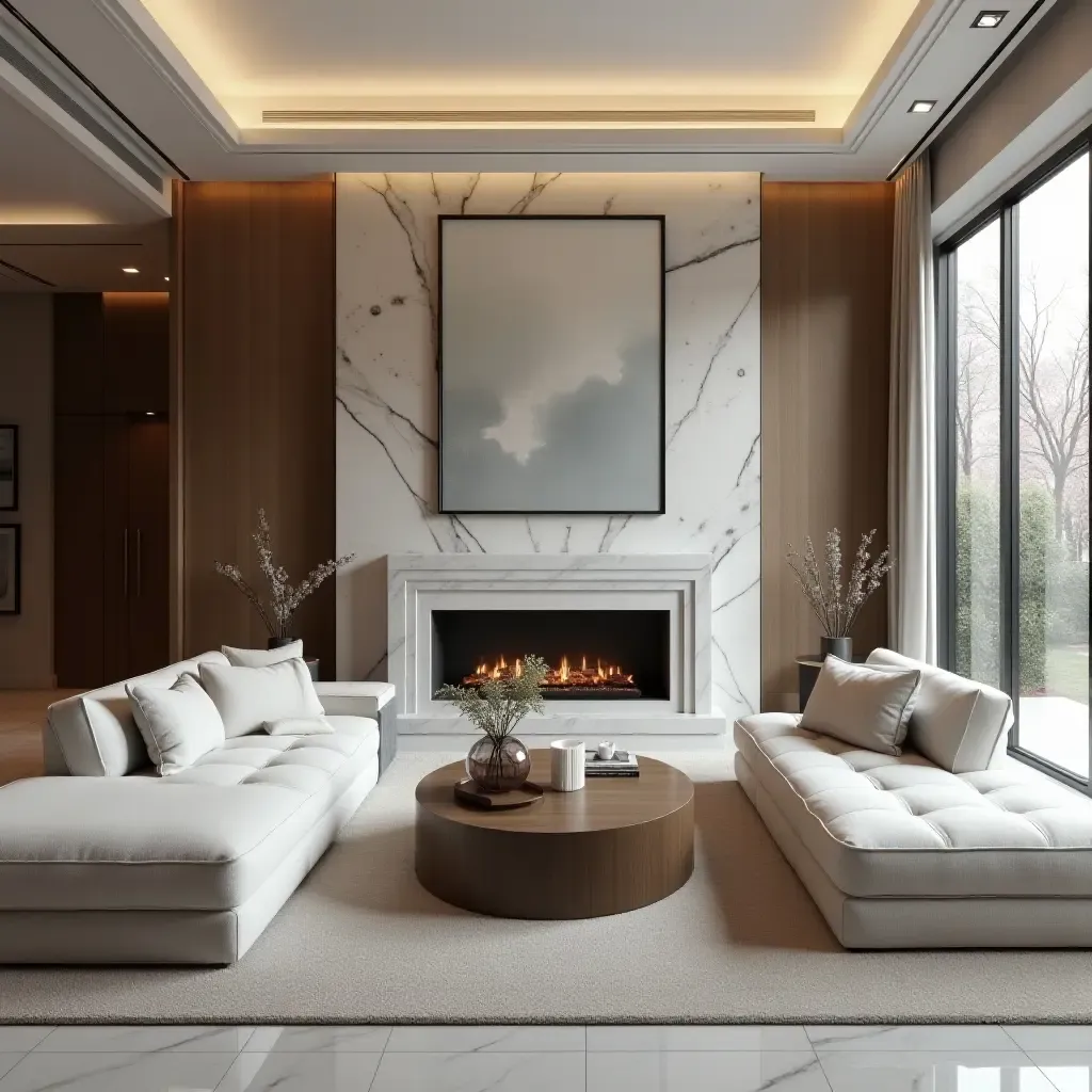 a photo of a luxurious living room with a sectional and a marble fireplace