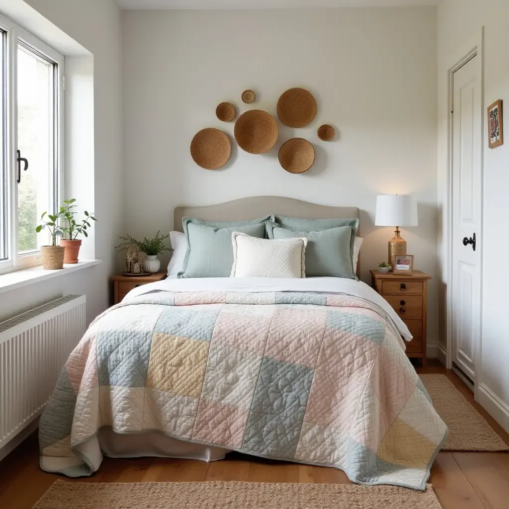 a photo of a welcoming bedroom with a patchwork quilt and woven basket decor