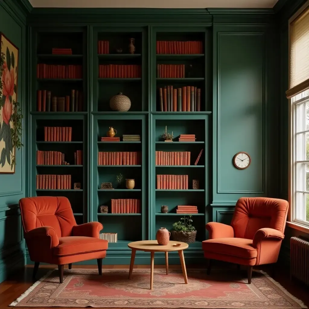 a photo of a vintage teal and rust library with retro furnishings