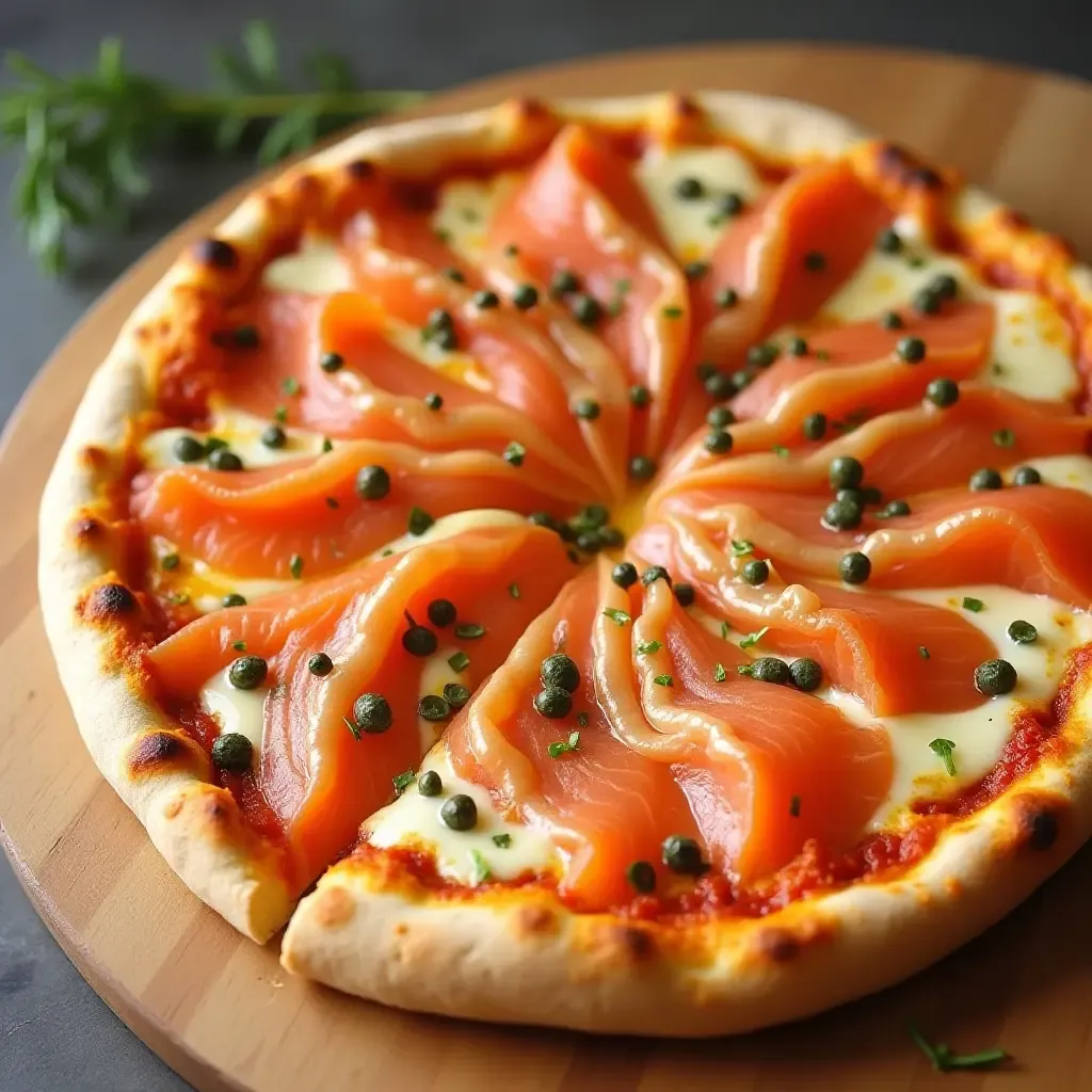 a photo of a pizza with smoked salmon, capers, and a drizzle of lemon aioli