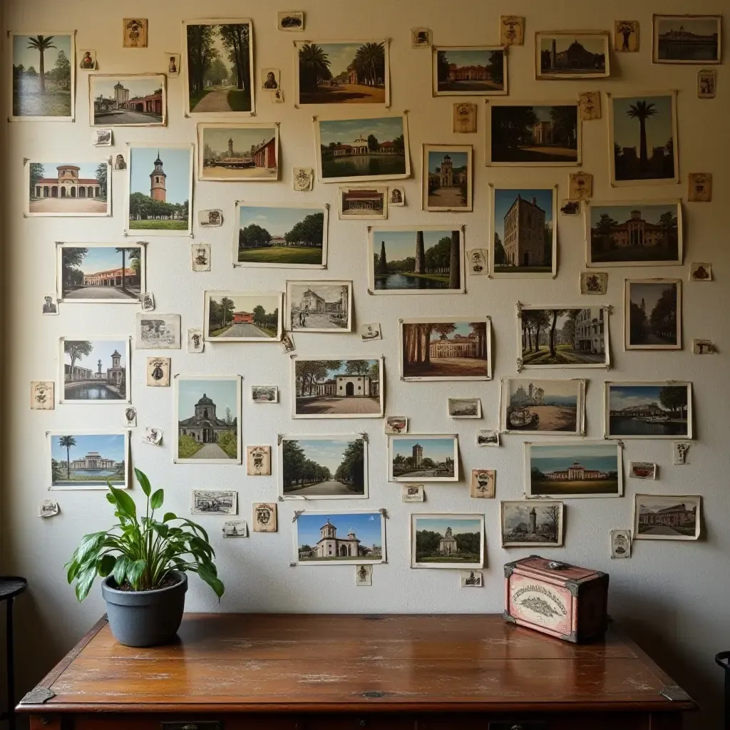 a photo of a collection of vintage postcards displayed on a wall