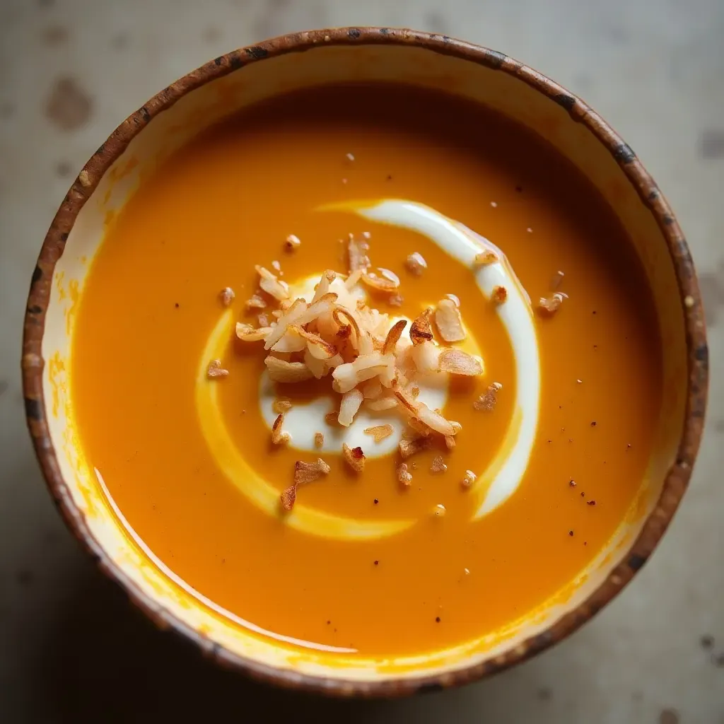 a photo of curry with a swirl of coconut cream and toasted coconut flakes.