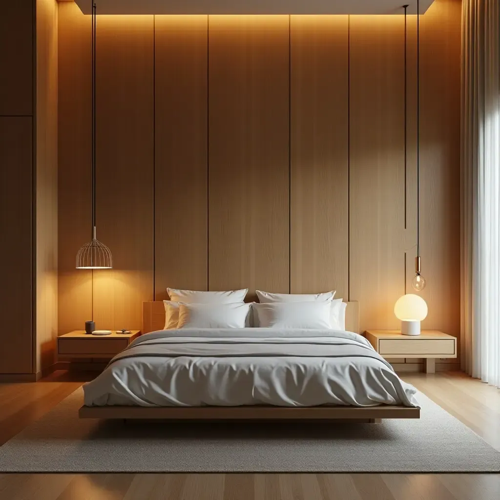 a photo of a bedroom with wooden elements and soft ambient lighting