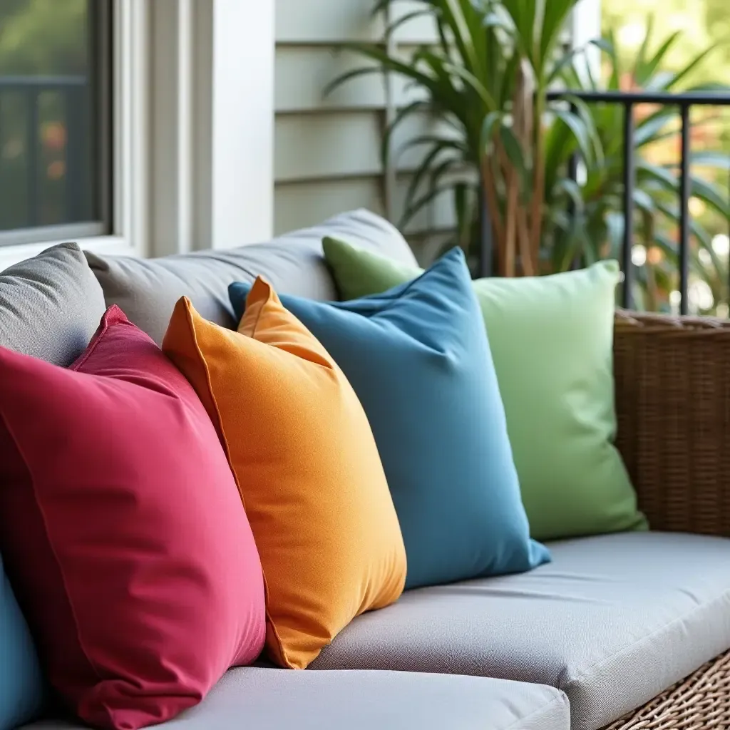 a photo of a balcony with throw pillows in a rainbow of colors