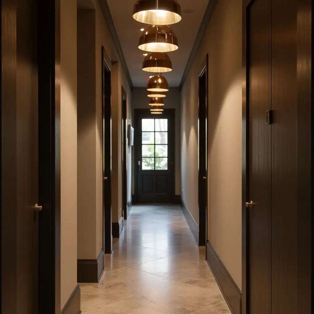 a photo of an eclectic corridor with mismatched pendant lighting