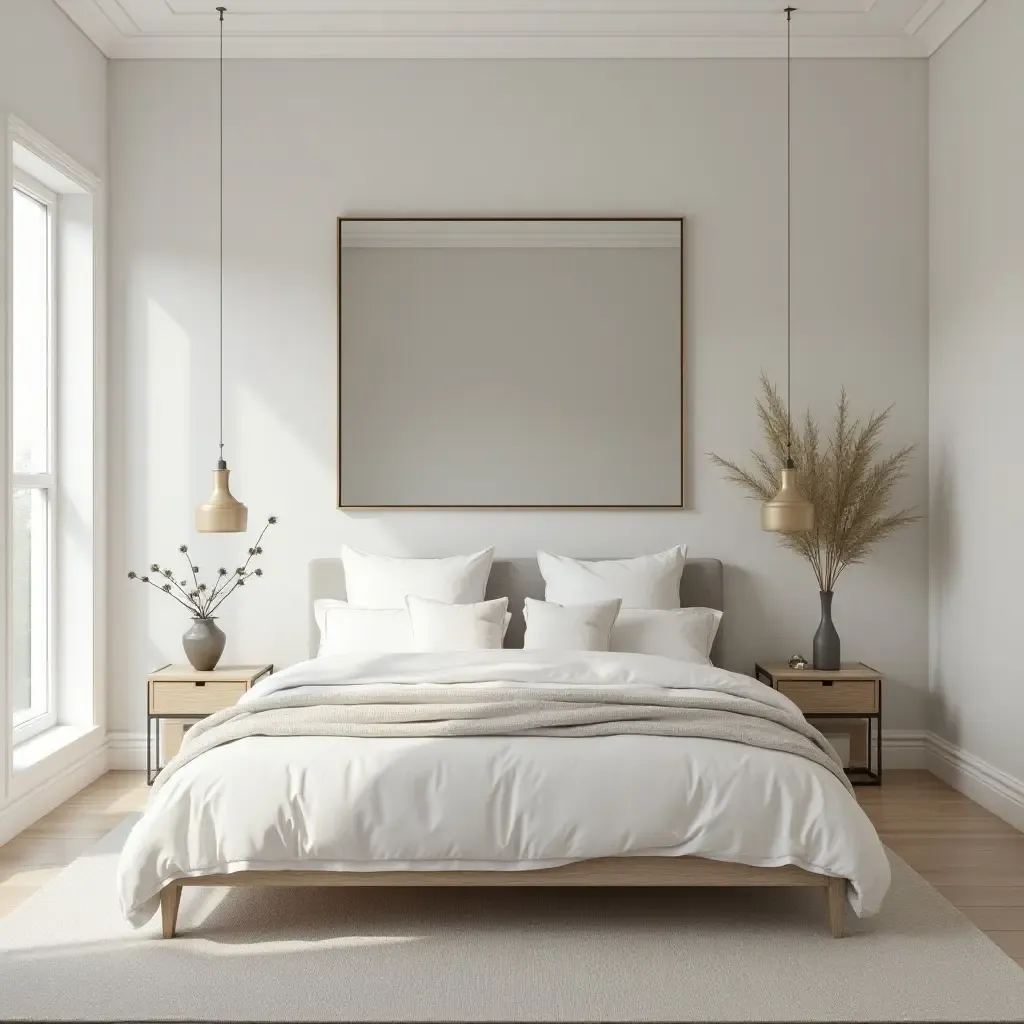 a photo of a minimalist bedroom with mirrors enhancing space and light