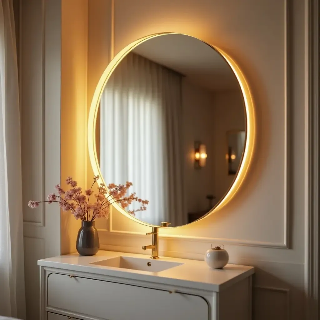 a photo of a chic mirror reflecting soft bedroom lighting