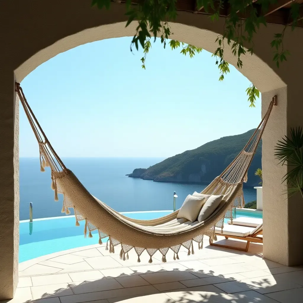 a photo of a relaxing hammock near a pool with a Mediterranean backdrop