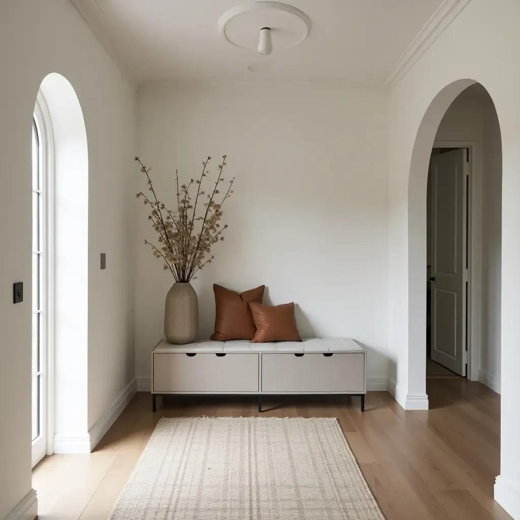 a photo of a corridor with a stylish entryway bench and storage