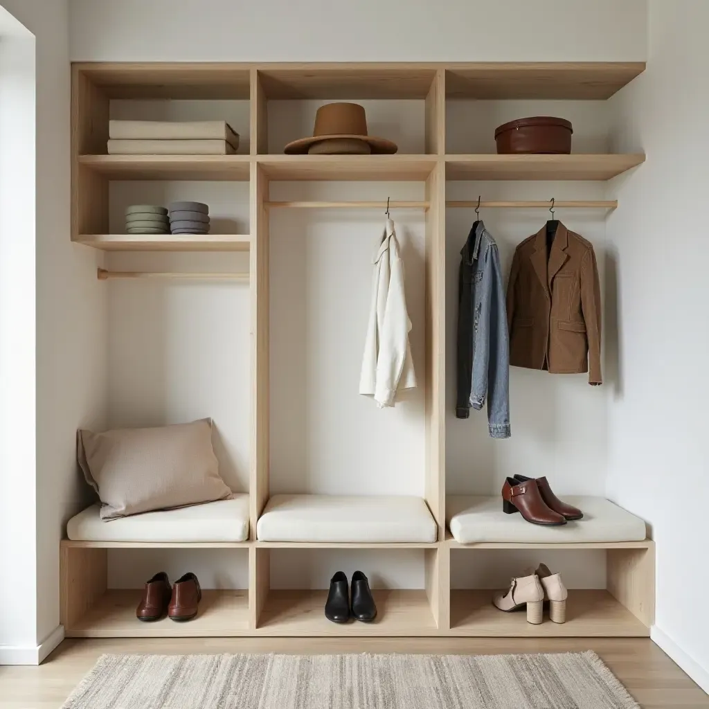 a photo of a stylish entryway with open shelves for shoes and accessories